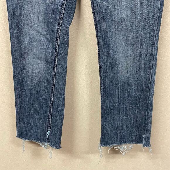Mossimo Women's Size 13 Blue Denim Capri Jeans Distressed Raw Hem - Picture 2 of 7